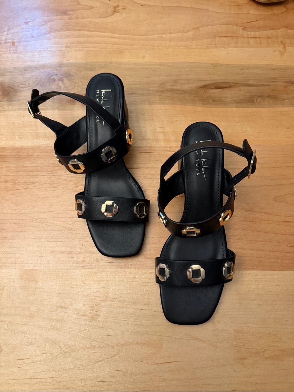 Black Strappy Sandals with Gold Accent Hardware